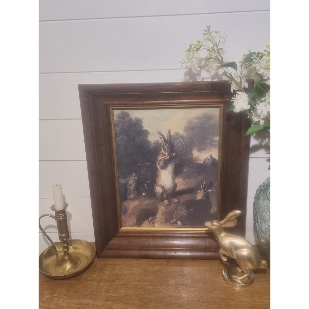 Vintage soild wood frame with new canvas bunny print